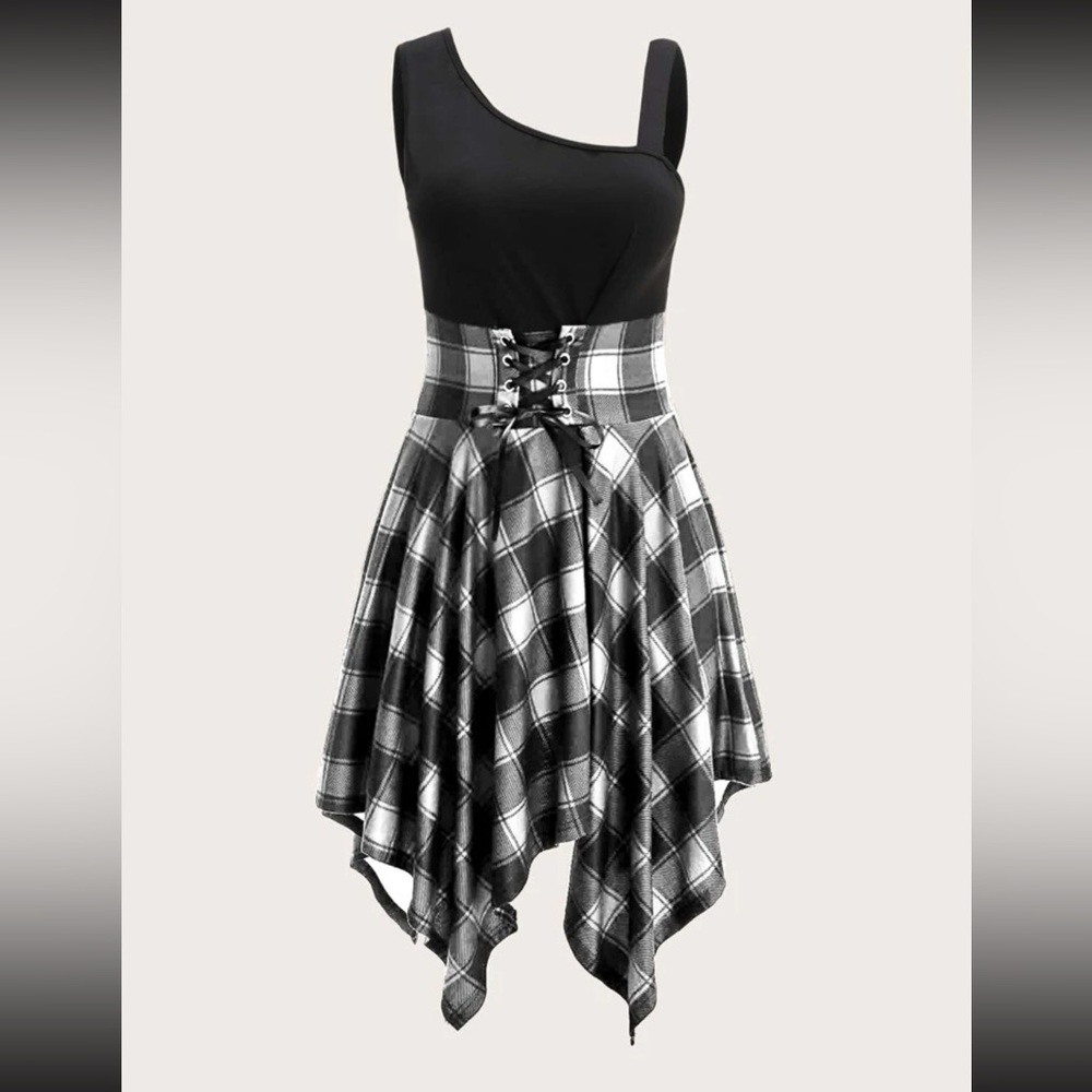 Plaid lace up asymmetrical dress